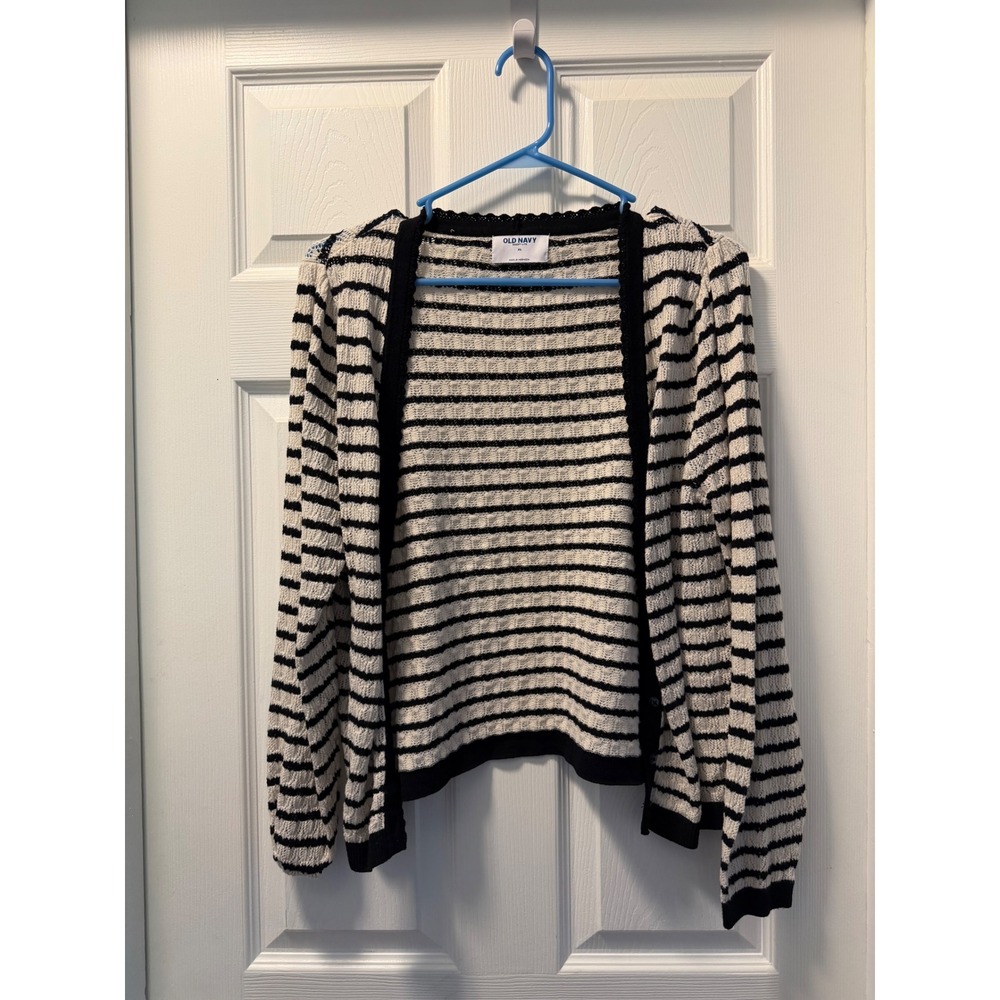 Old Navy SoSoft Lite Striped Cardigan Sweater XL Black White Pointelle Lace Trim